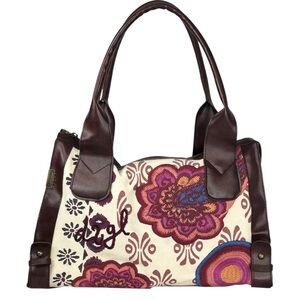 Desigual Embroidered Floral Pattern Faux Leather Trim Double Handle Shoulder Bag